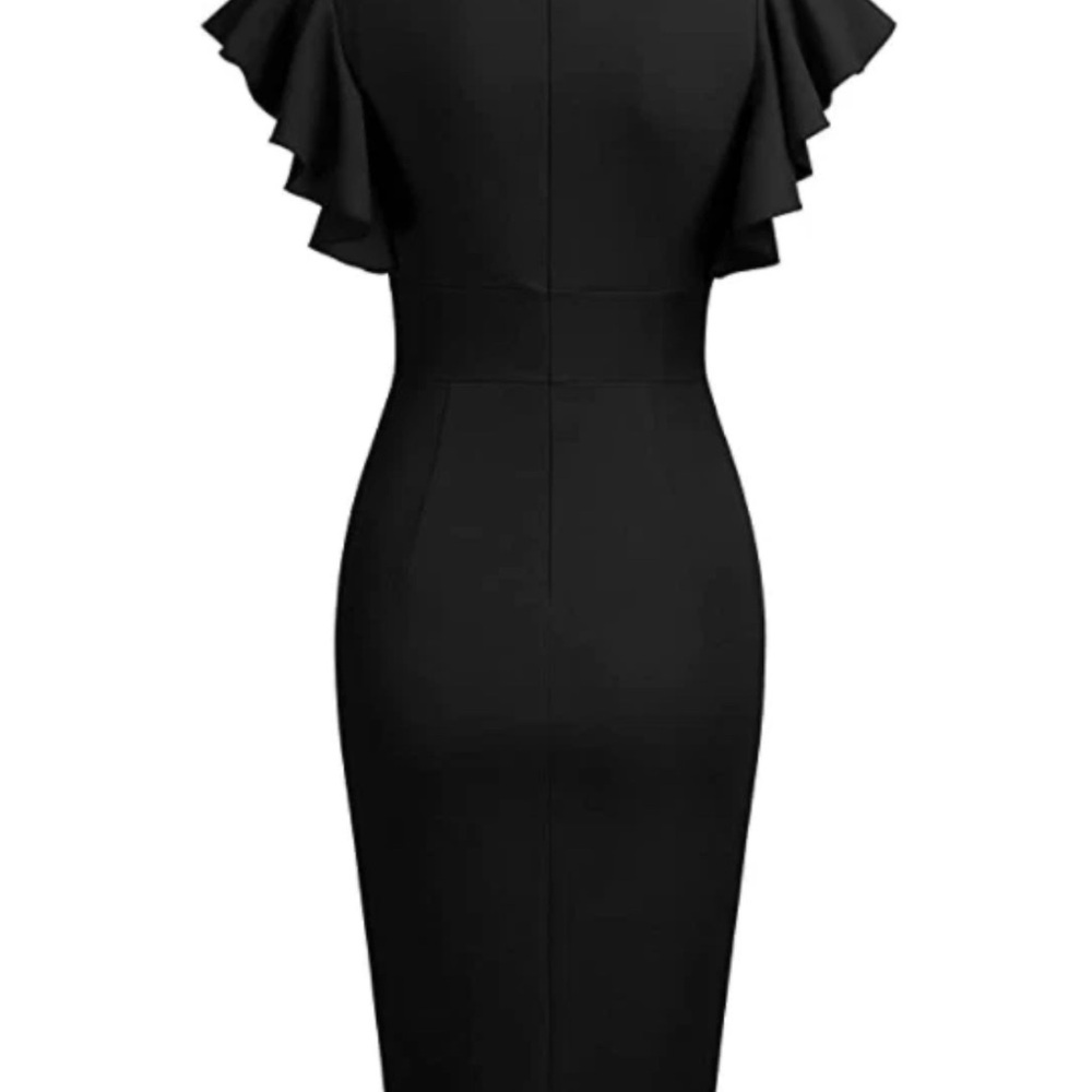 Knitee Womens Deep-V Neck Ruffle Sleeves Cocktail Party Pencil Slit Dress <269> - Picture 2 of 9